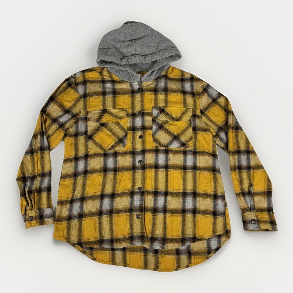 Miss Selfie Flannel Shacket Womens Large Yellow Plaid Cotton Button Front Hooded